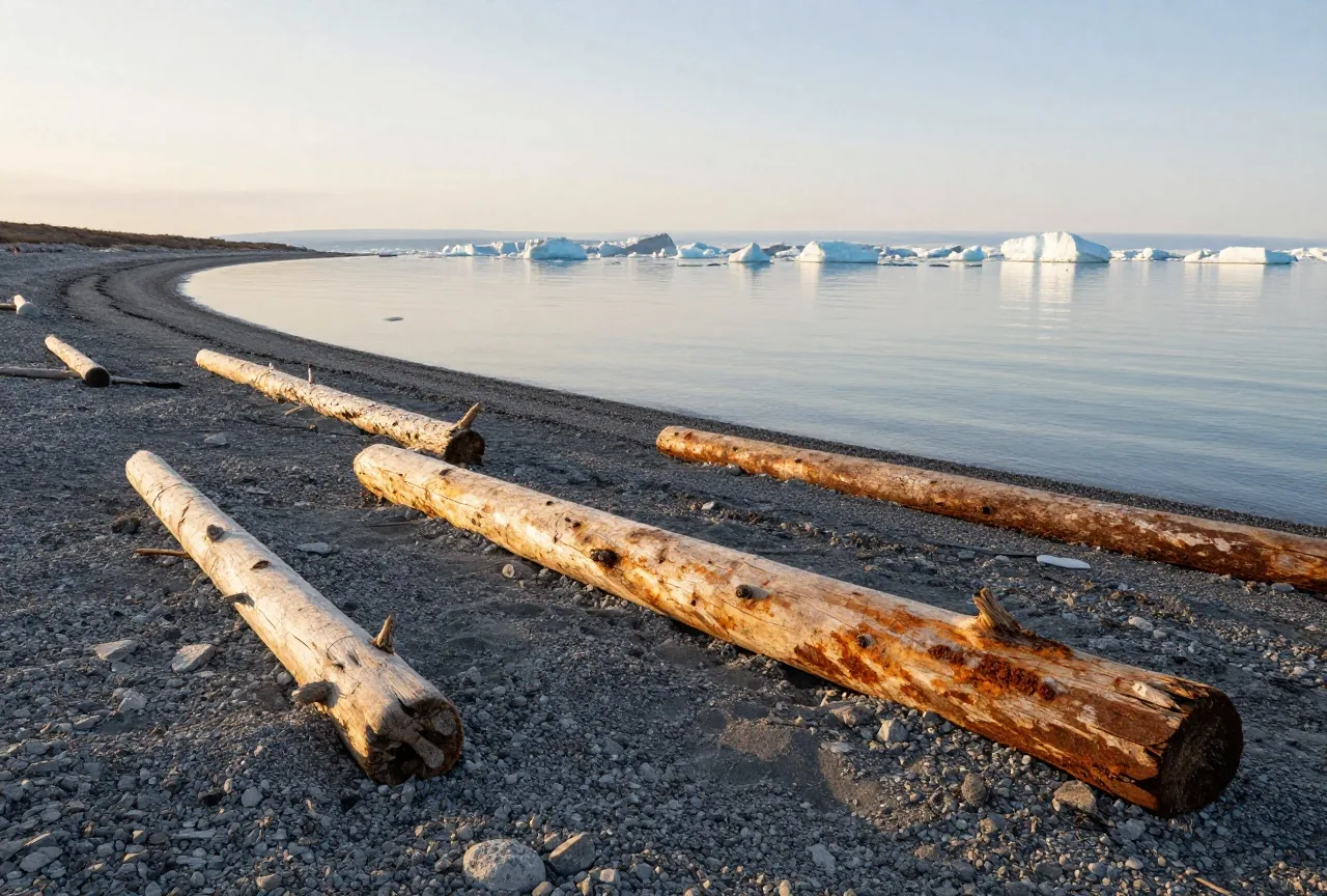 Grauer Kiesstrand an einer stillen arktischen Bucht mit angeschwemmten Treibholzstämmen und kleinen Eisschollen im Wasser, weiches Licht am späten Nachmittag