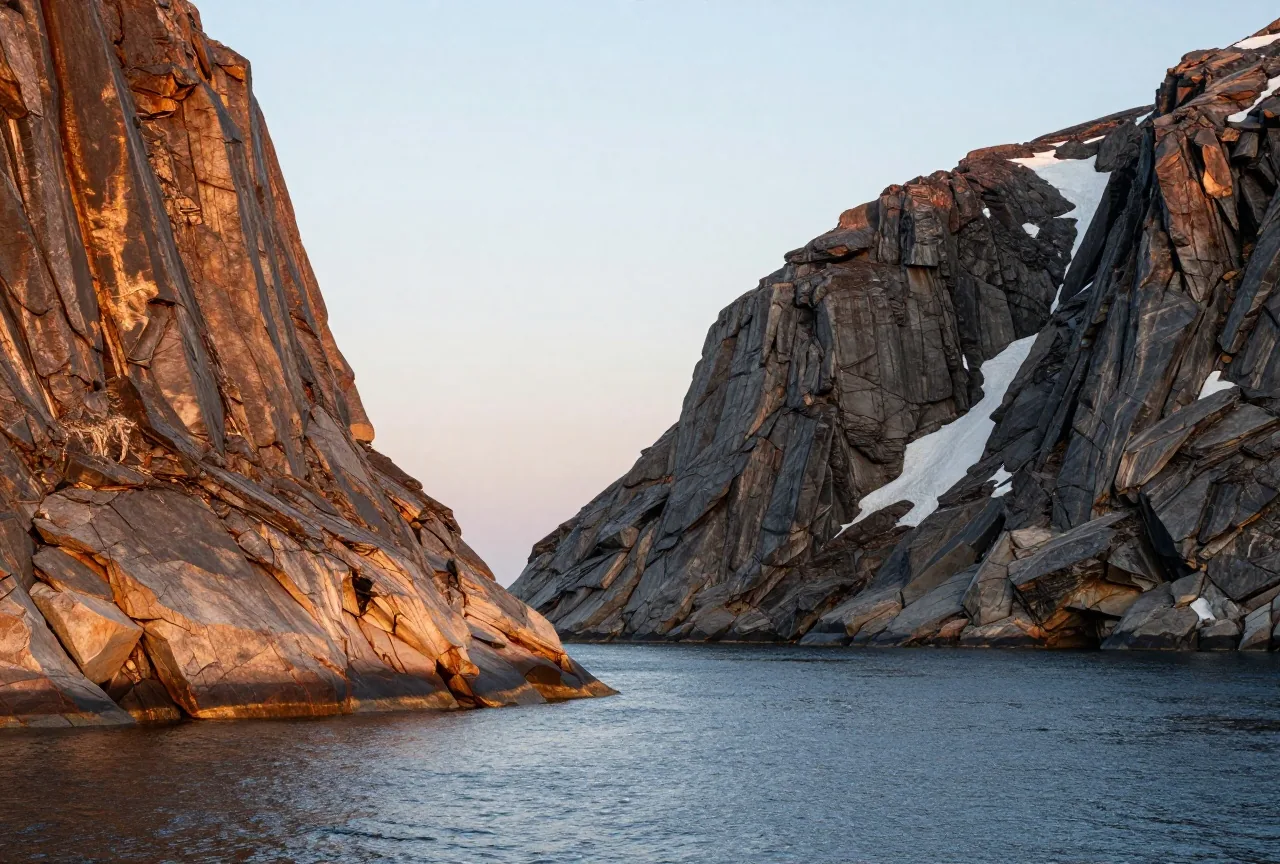Felsiger Fjord mit steilen dunklen Wänden, Schneeresten in den Rinnen und ruhigem, tiefblauem Wasser unter einer tief stehenden, hellen Sommersonne
