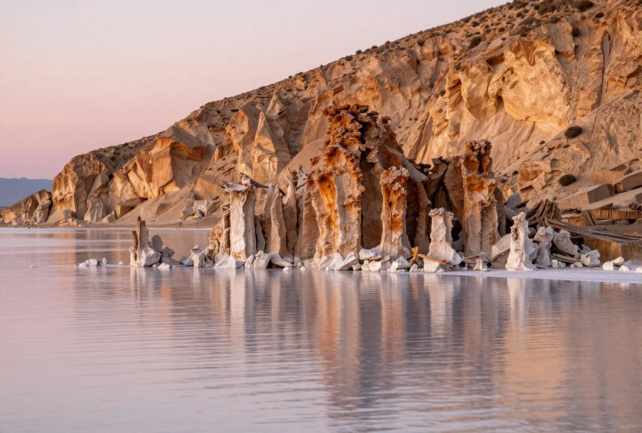 Türme aus Kalktuff ragen aus dem stillen Wasser eines Salzsees, dahinter die Ostwand der Sierra Nevada im ersten Morgenlicht