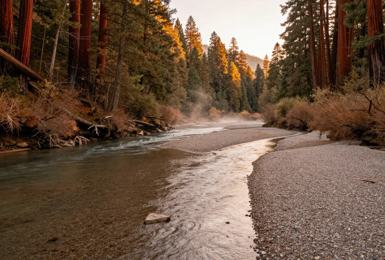 Breiter Fluss mit Kiesbänken zwischen dicht bewaldeten Hängen mit hohen Redwood-Bäumen, Nebel über dem Wasser im weichen Abendlicht