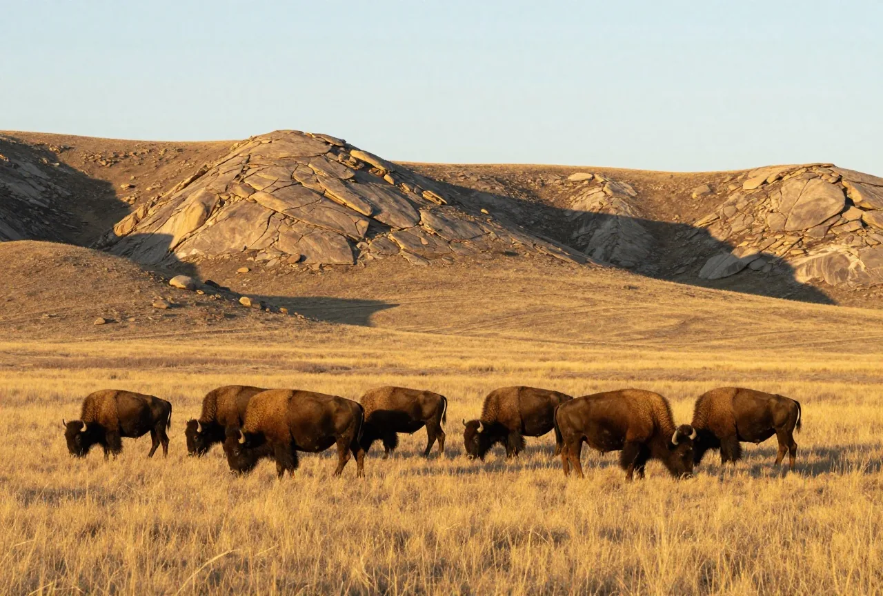 Kleine Bisonherde grast auf welligem Kurzgras unter weitem Himmel, im Hintergrund flache Granithügel im späten Nachmittagslicht