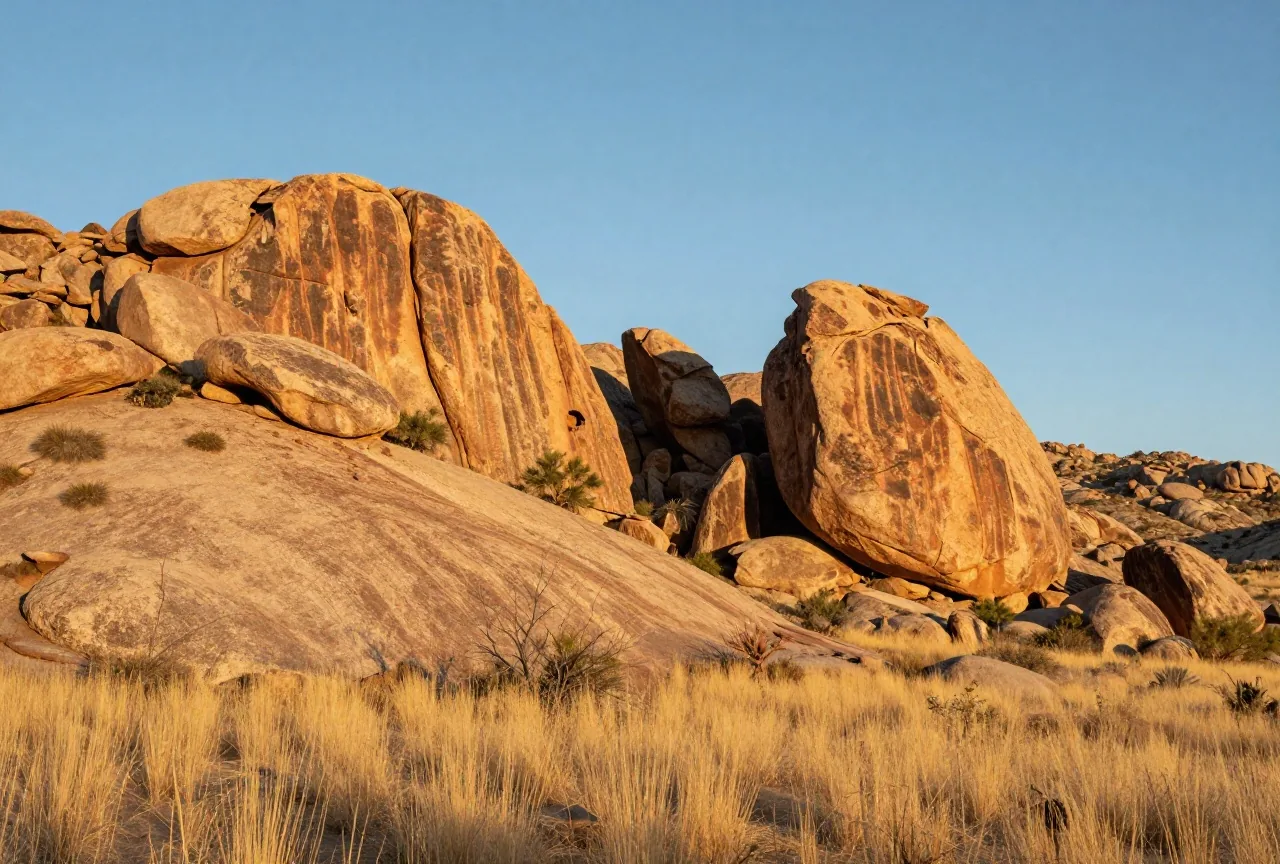 Granitfelsen und mit Eichen bewachsene Hänge eines Gebirgszugs in der Wüste Arizonas, im Vordergrund trockenes Gras, warmes Licht des späten Nachmittags