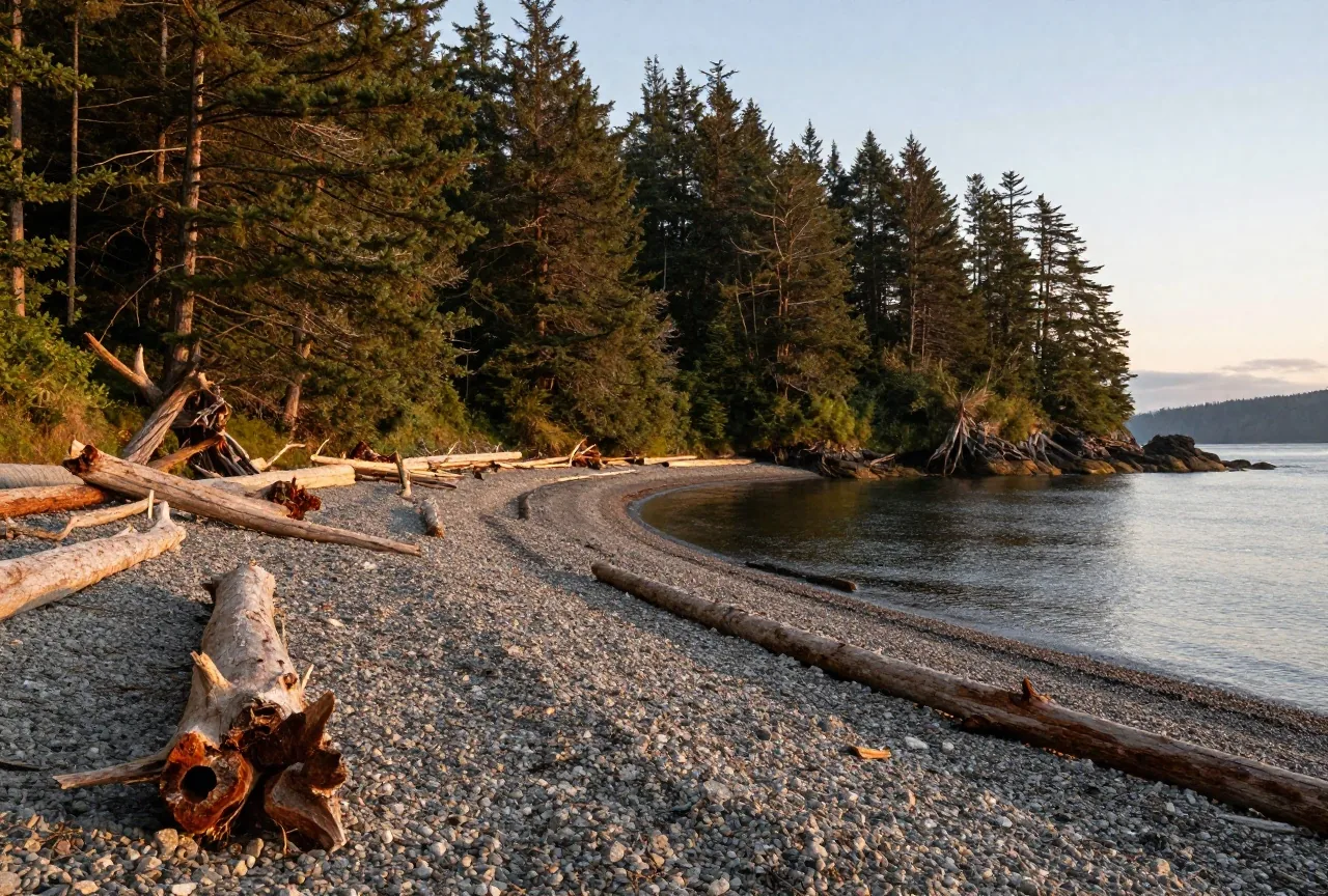 Kiesstrand an einer geschützten Bucht im Nordosten von Vancouver Island, dahinter dichter Zedern- und Fichtenwald im Abendlicht