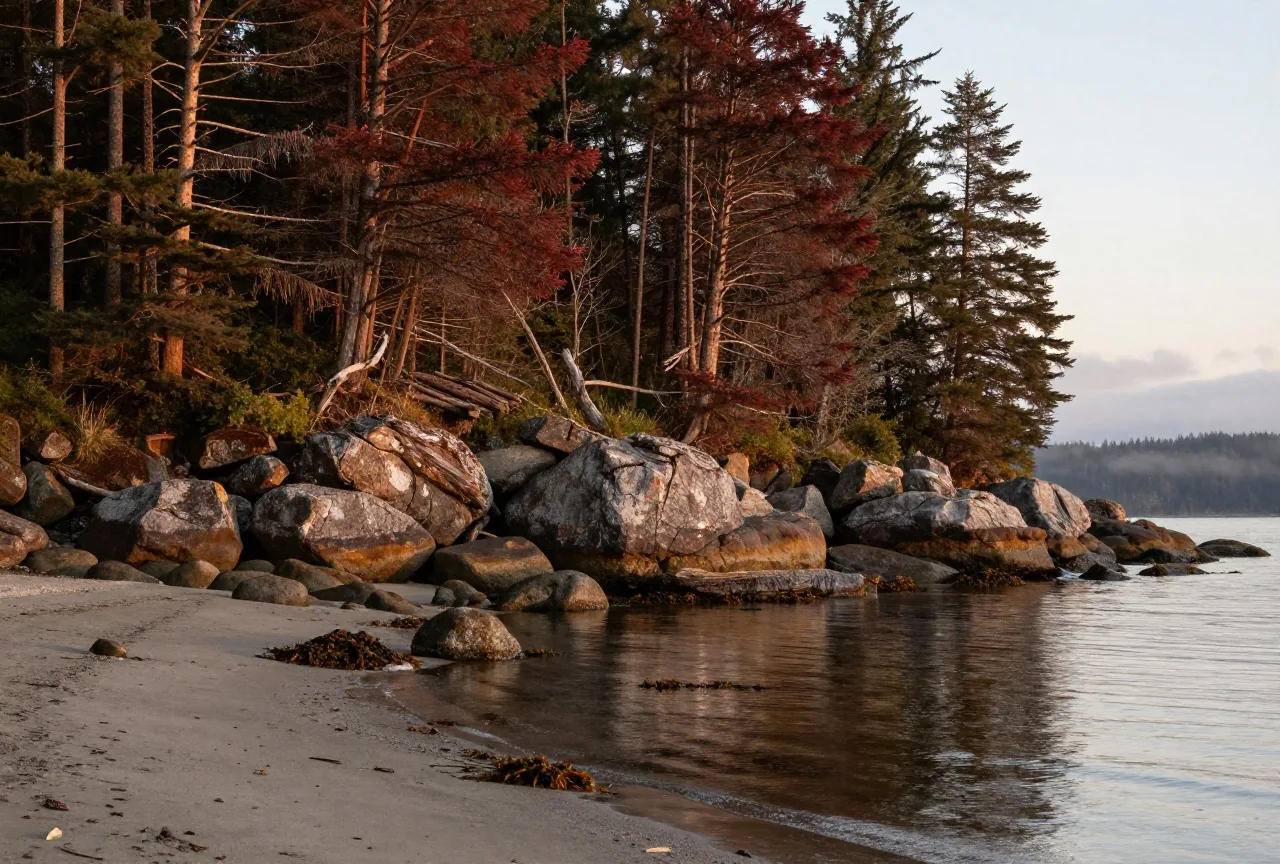 Felsiges Ufer einer bewaldeten Insel an der Küste von British Columbia mit Zedern und Fichten, ruhiges Wasser im Abendlicht
