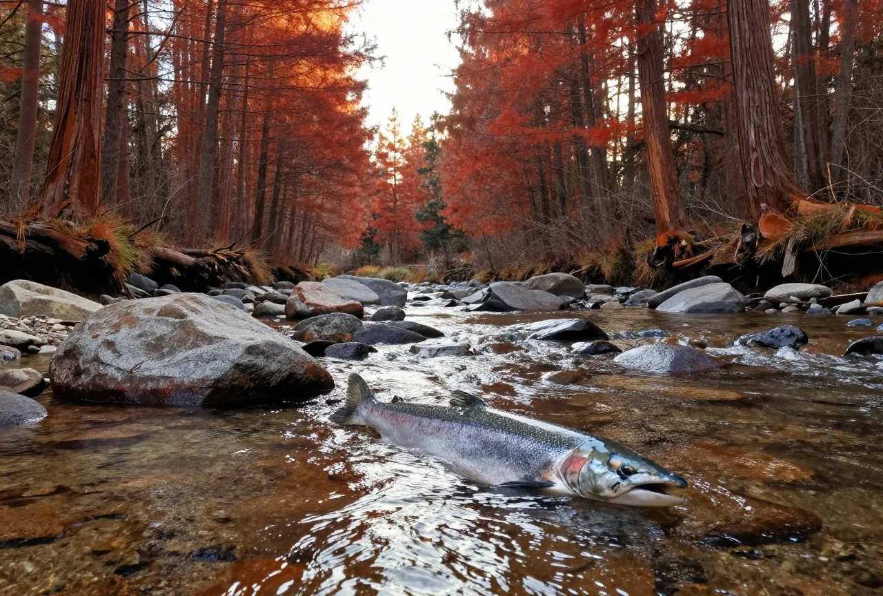 Lachse ziehen in einem klaren, steinigen Fluss mit Zedern am Ufer flussaufwärts, Sonnenlicht fällt durch die Bäume