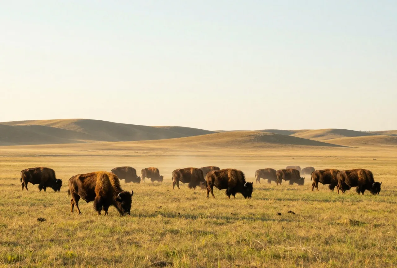 Bisonherde grast auf hügeligem Grasland unter weitem Himmel im späten Nachmittagslicht