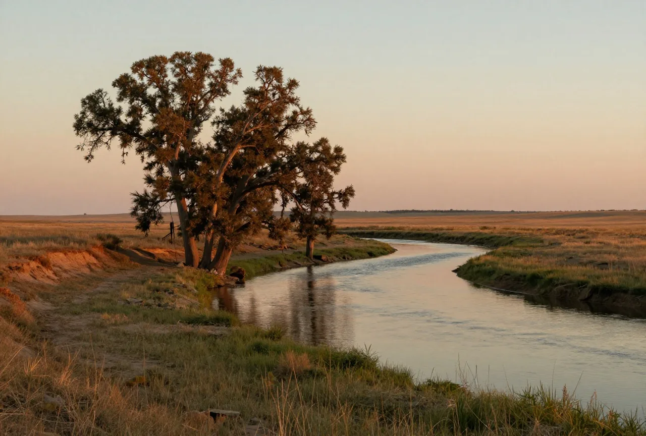 Flusslandschaft der Plains mit Pappeln am grasbewachsenen Ufer in der Abenddämmerung