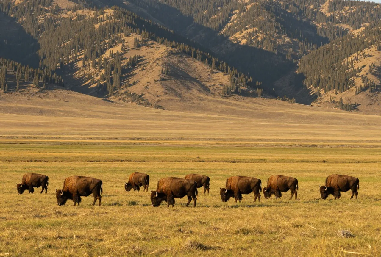 Bisonherde grast auf einem grünen Hügelland vor bewaldeten Bergen unter hohem Himmel im späten Nachmittagslicht