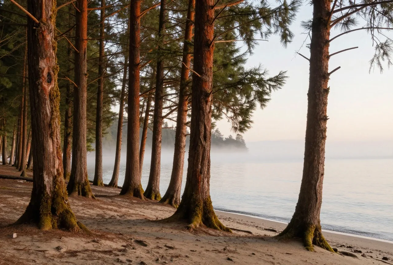 Küstenregenwald mit moosbedeckten Zedern an einer ruhigen Meeresbucht, Nebel zwischen den Stämmen im weichen Abendlicht