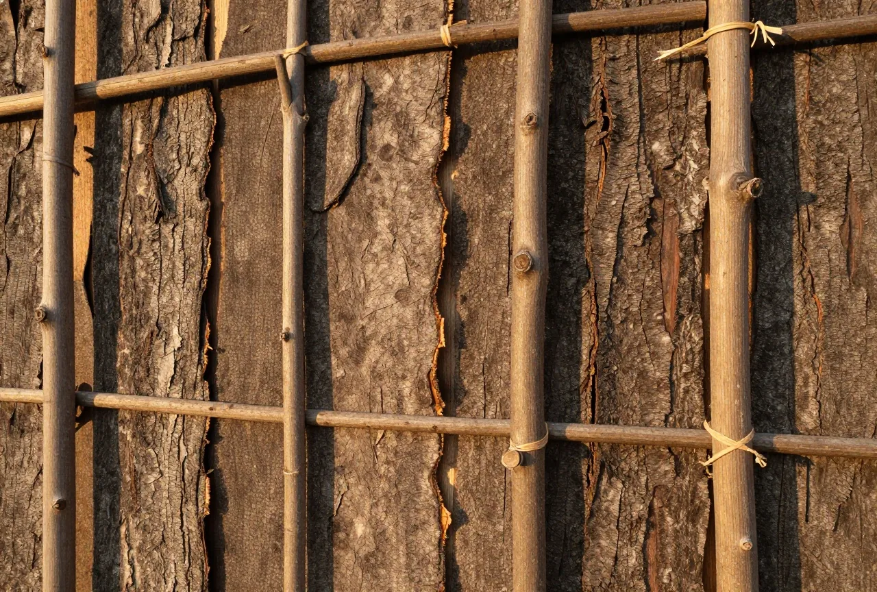 Nahaufnahme einer Hauswand aus großen, sich überlappenden Platten von Ulmenrinde, festgebunden an waagerechte Stangen aus jungem Holz, im seitlichen Licht des späten Nachmittags