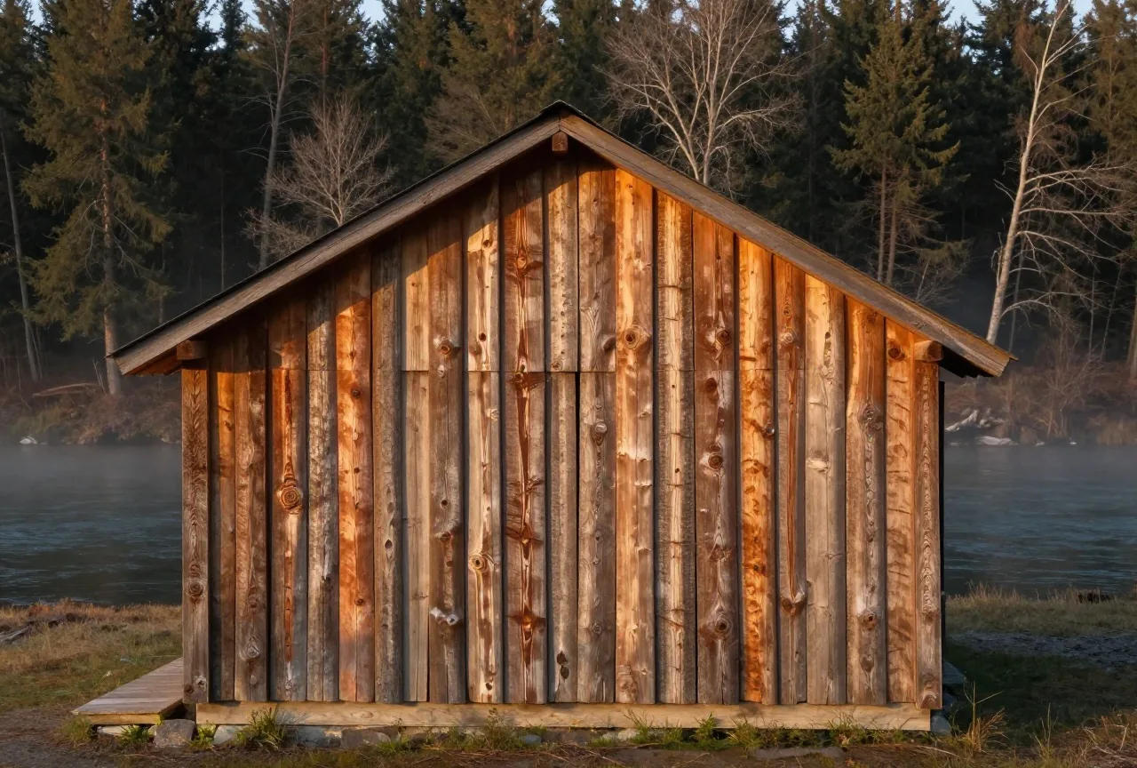 Wand eines Plankenhauses aus senkrecht stehenden, grob gespaltenen Zedernplanken unter einem flachen Satteldach am Ufer eines breiten Flusses, Nebel über dem Wasser im Abendlicht