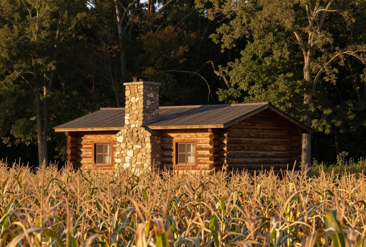 Kleines Blockhaus mit Steinkamin am Rand eines Laubwalds, davor ein Maisfeld mit hohen Stauden, ohne Menschen, im warmen Abendlicht