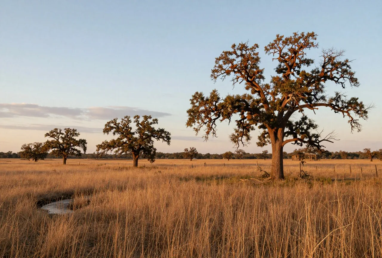 Leicht gewellte Prärie mit hohem Gras und einzelnen Eichen an einem Bach im Nordosten Oklahomas, weiter Himmel mit Abendwolken