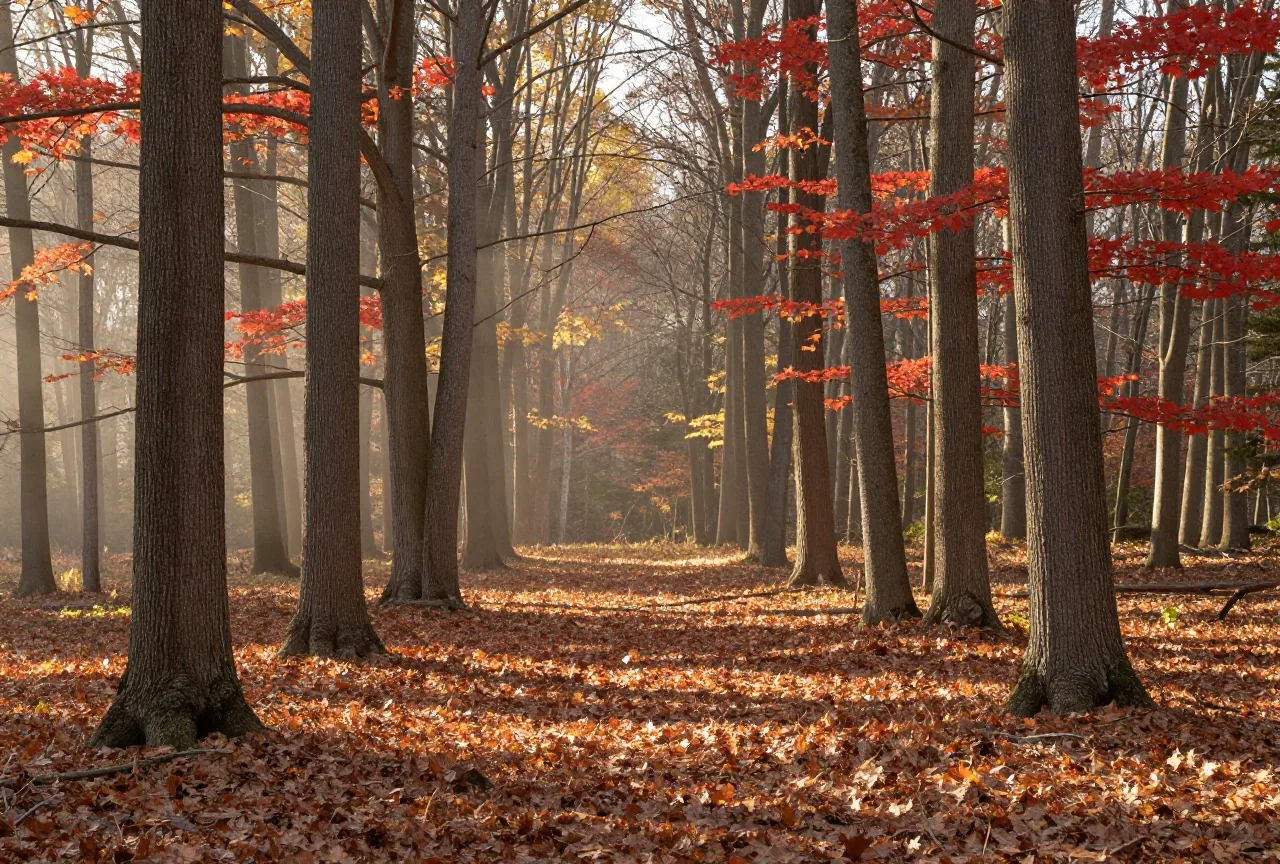 Lichter Laubwald mit hohen Eichen und Ahornen im Herbst, Sonnenstrahlen fallen auf den laubbedeckten Boden