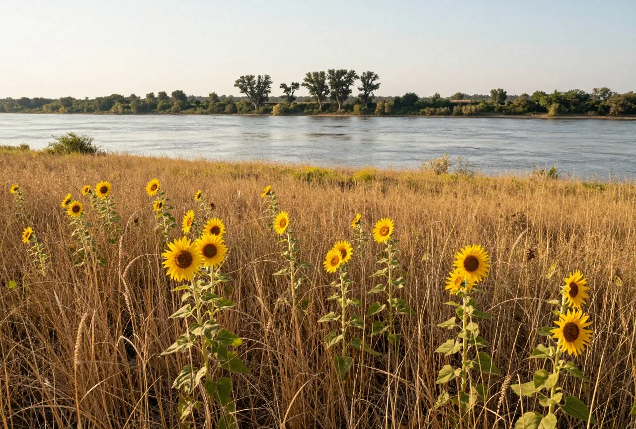 Sonnenblumen auf einer Flussterrasse über dem Missouri im Licht der späten Nachmittagssonne