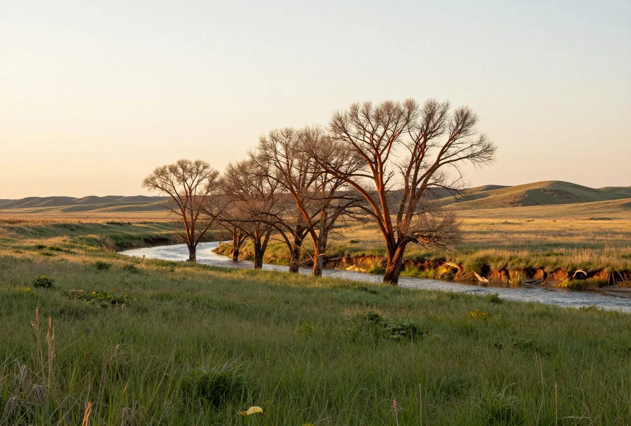 Grasbedeckte Flussterrasse über einem kleinen Fluss, dahinter Pappeln und welliges Grasland im warmen Abendlicht