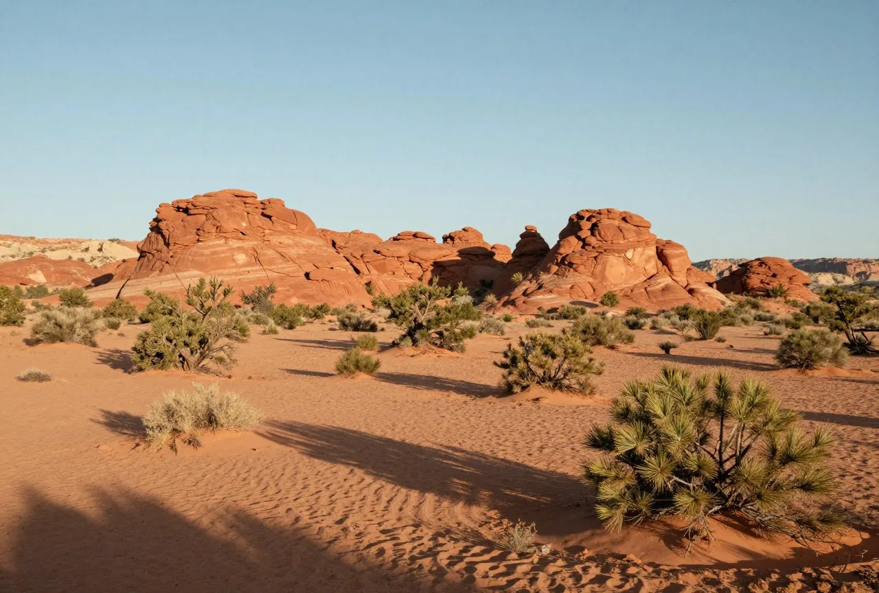 Rote Sandsteinfelsen und einzelne Wacholderbüsche in einem weiten Wüstental im nördlichen Arizona im warmen Licht der späten Nachmittagssonne