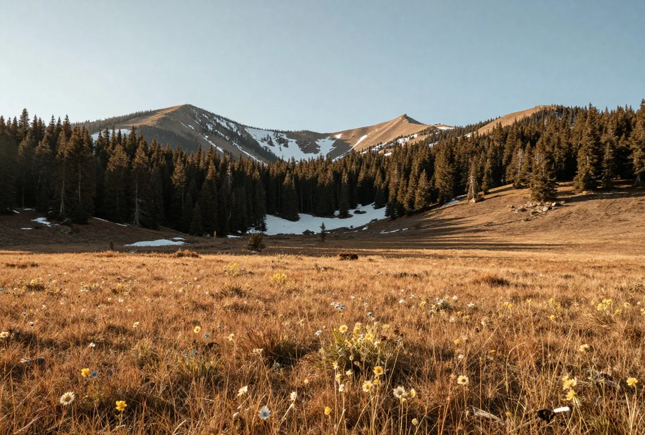 Subalpine Bergwiese mit Wildblumen, am Rand dunkler Fichtenwald und Schneereste in einer schattigen Mulde, dahinter ferne Bergrücken unter weitem Himmel