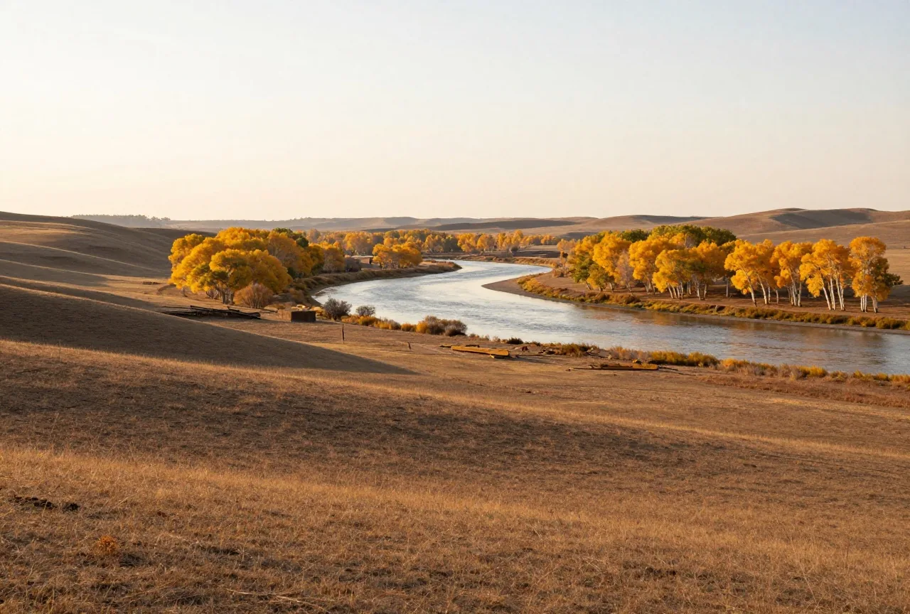 Breites Tal des South Saskatchewan River mit grasbewachsenen Hängen und Espenwäldchen, der Fluss windet sich in der Tiefe, Abendlicht