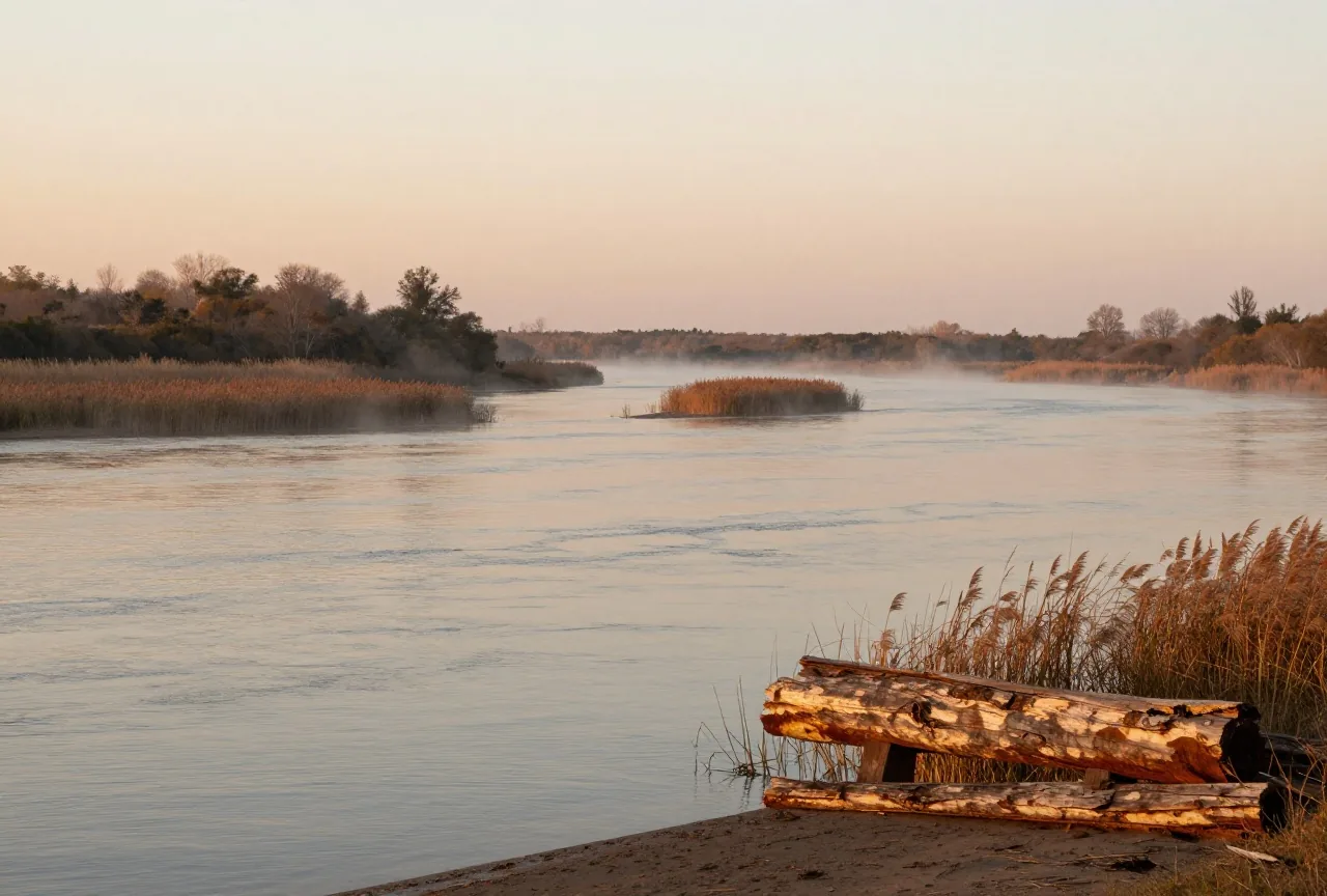 Ruhiger Strom mit flachen, bewaldeten Inseln im Abendlicht, Schilf am Ufer, Nebel über dem Wasser, keine Menschen und keine Gebäude