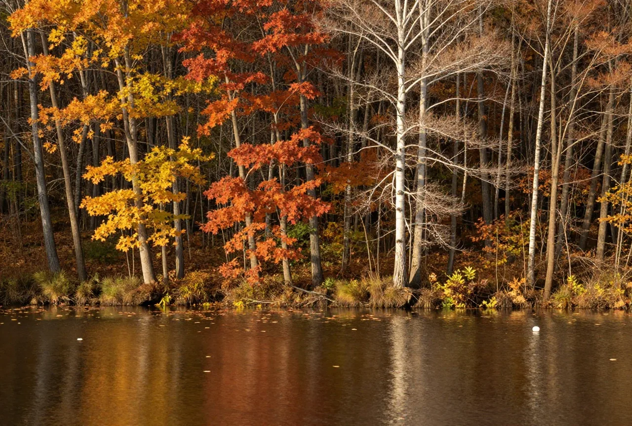 Herbstlicher Laubwald mit Ahorn und Kiefern an einem stillen Seeufer im warmen Licht der tiefen Sonne, bunte Blätter auf dem Wasser, keine Menschen