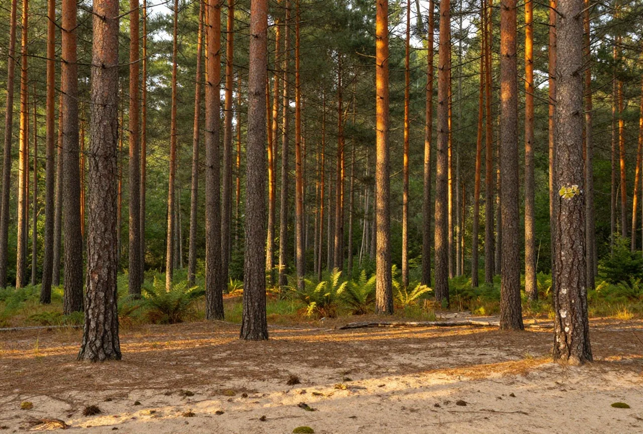 Hoher Kiefernwald auf sandigem Boden, Sonnenstrahlen fallen schräg zwischen den Stämmen auf Farn und Moos