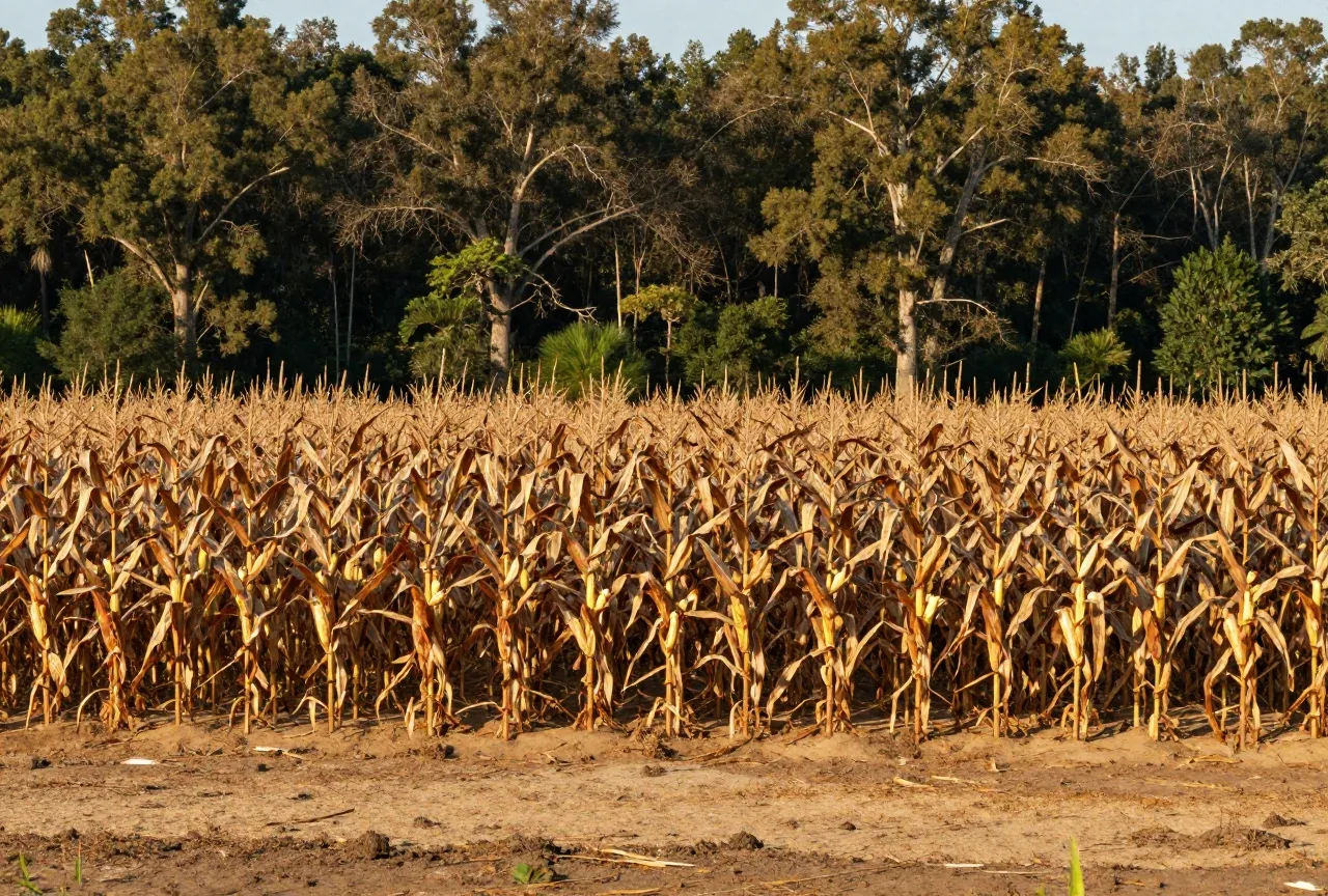 Reife Maispflanzen auf einem Feld in einer breiten Flussniederung, am Rand hohe Laubbäume, warmes Licht der späten Nachmittagssonne