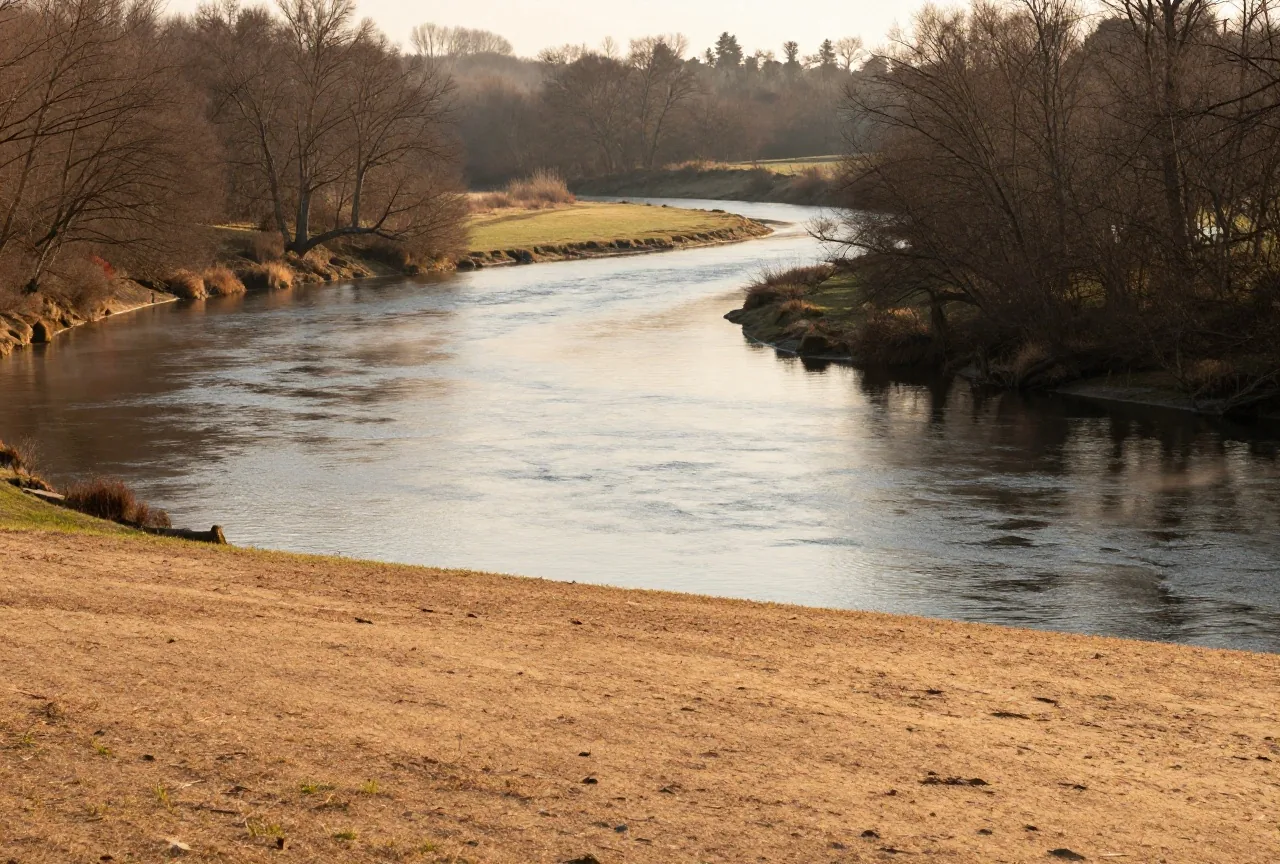 Flussschleife mit ruhigem Wasser zwischen bewaldeten Ufern, eine Wiese auf der Halbinsel, Nebel über dem Wasser im Morgenlicht