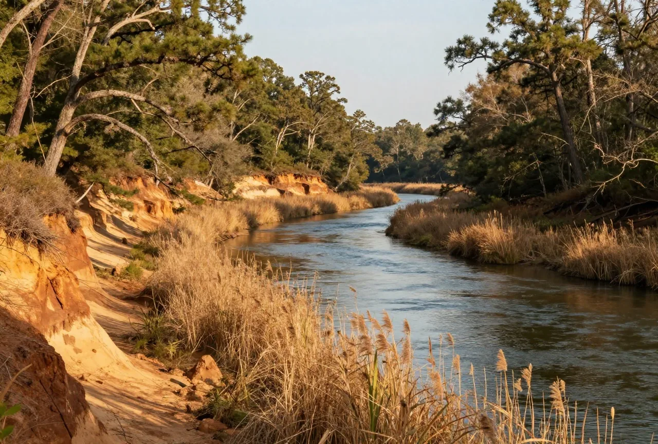 Gewundener Fluss zwischen hohen, bewaldeten Lehmufern im Osten Virginias, Schilf am Rand des ruhigen Wassers, warmes Licht am späten Nachmittag