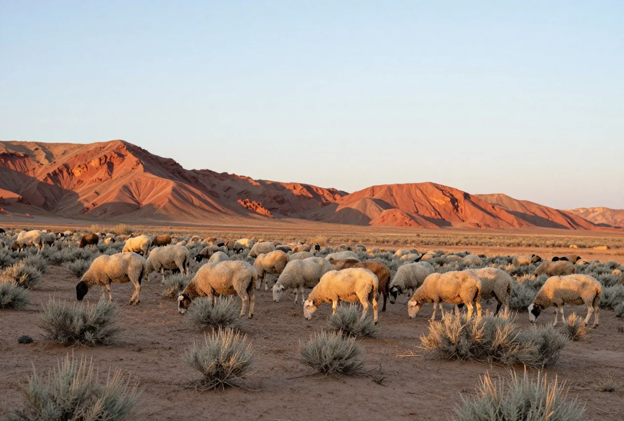 Herde weißer und brauner Schafe auf einem trockenen Hochplateau mit Salbeibüschen, dahinter rote Felswände unter weitem Himmel im warmen Abendlicht