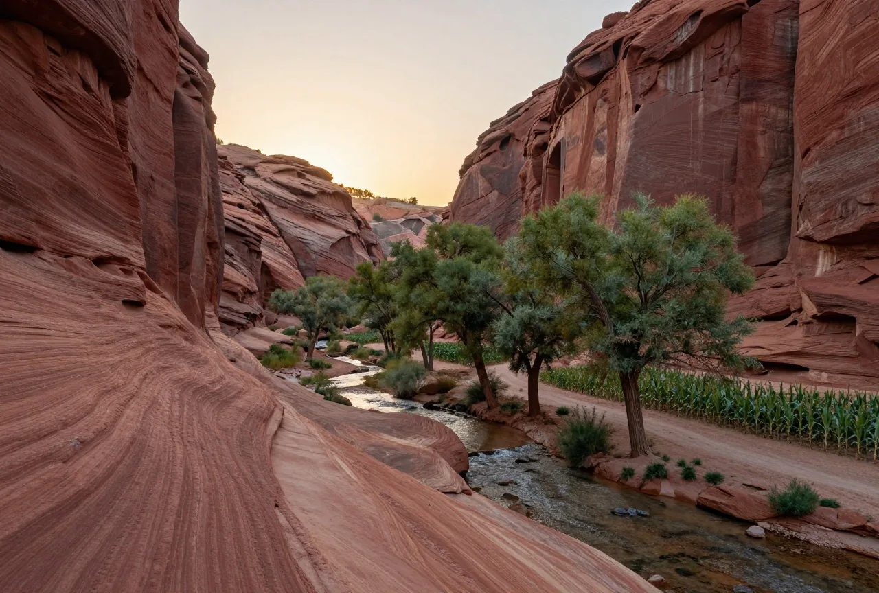 Rote Sandsteinwände eines tiefen Canyons, unten ein Bachbett mit Pappeln und kleinen Feldern im goldenen Licht der tief stehenden Sonne