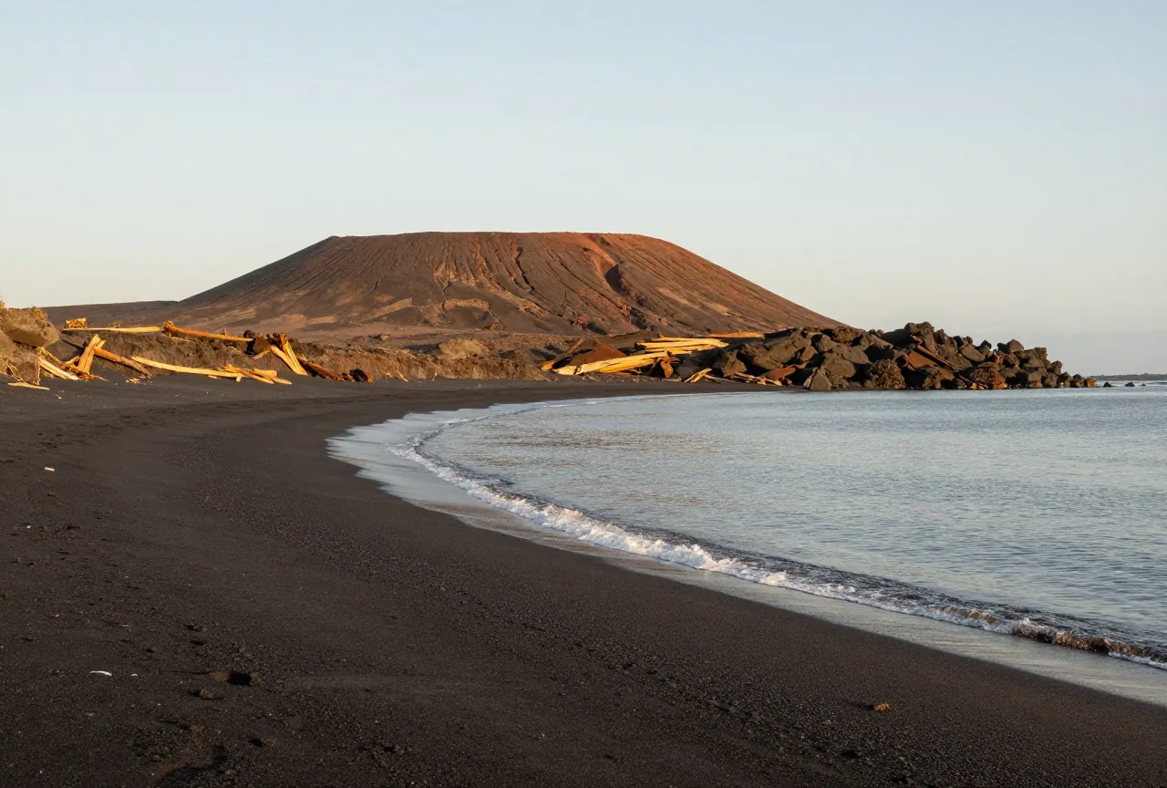 Strand aus schwarzem Vulkansand an einer Pazifikinsel, dahinter ein flacher, kahler Vulkankegel unter hohem Himmel, ruhige Brandung ohne Menschen