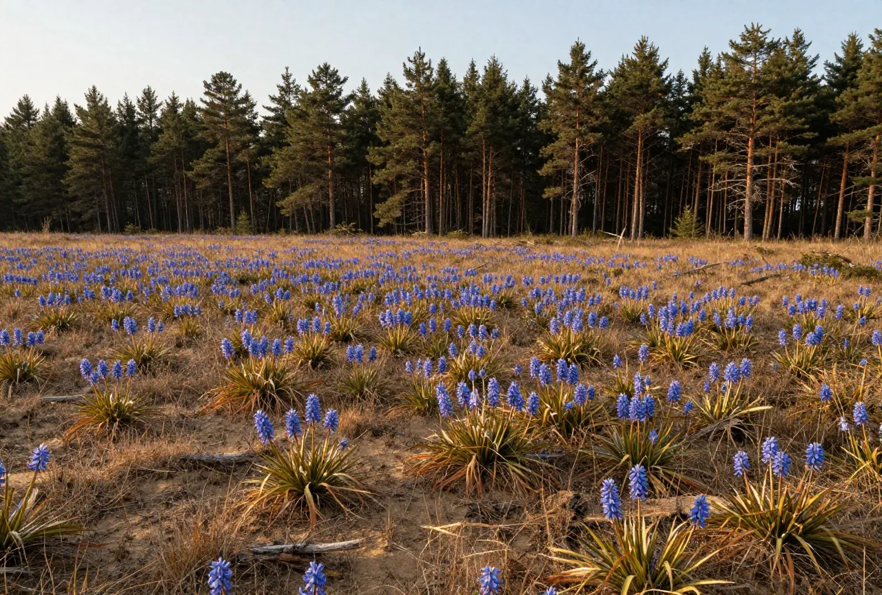 Wiese voller blau blühender Camas-Lilien vor einem Kiefernwald auf einer Hochfläche im Frühsommer