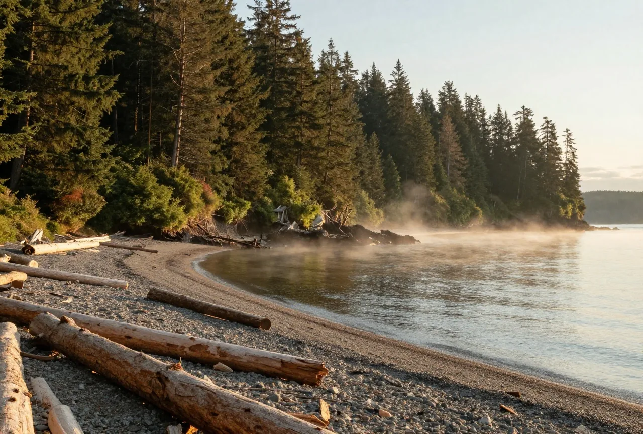 Stille Bucht der Nordwestküste mit Nadelwald bis ans Ufer und Nebel im Abendlicht