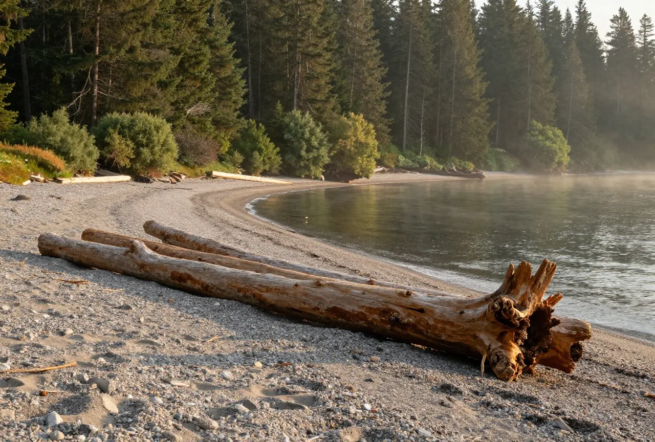 Kiesstrand an einer stillen Bucht mit angeschwemmten Zedernstämmen, dahinter Nadelwald und Nebel im Abendlicht