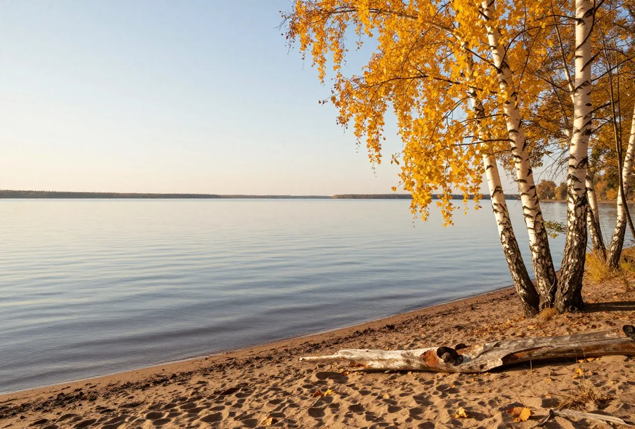 Großer stiller See im Herbst mit goldenen Birken und Ahornbäumen am sandigen Ufer und flachem Horizont im Licht der späten Nachmittagssonne