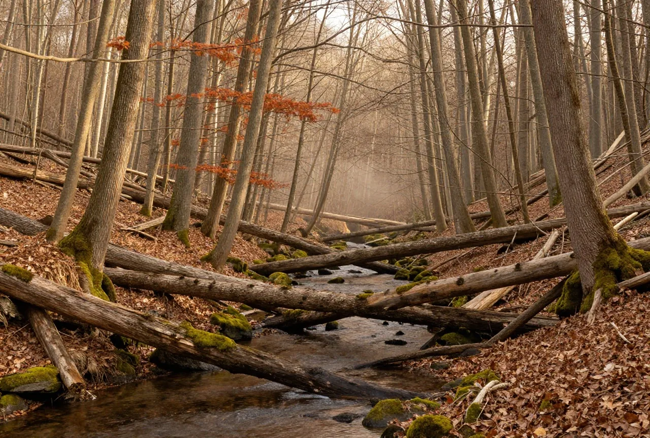 Bewaldetes, sumpfiges Bachtal mit umgestürzten, bemoosten Stämmen und Nebel zwischen hohen Laubbäumen im späten Nachmittagslicht