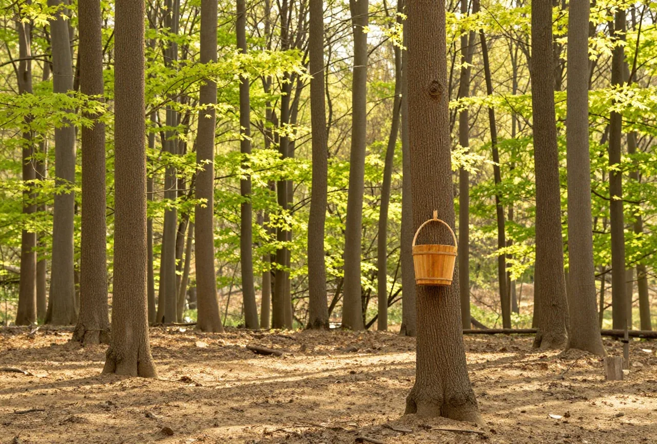 Ahornwald im Frühling mit hohen, grauen Stämmen, frischem hellgrünem Laub und Sonnenstrahlen zwischen den Bäumen, Holzeimer an einem Stamm, keine Menschen