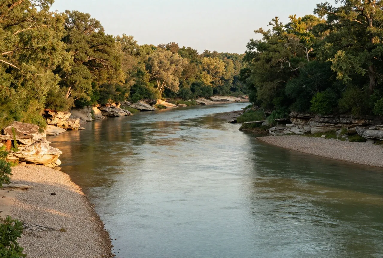 Breiter Fluss zwischen bewaldeten Kalksteinhängen in Missouri, am Ufer Platanen und Kies im Licht der späten Nachmittagssonne