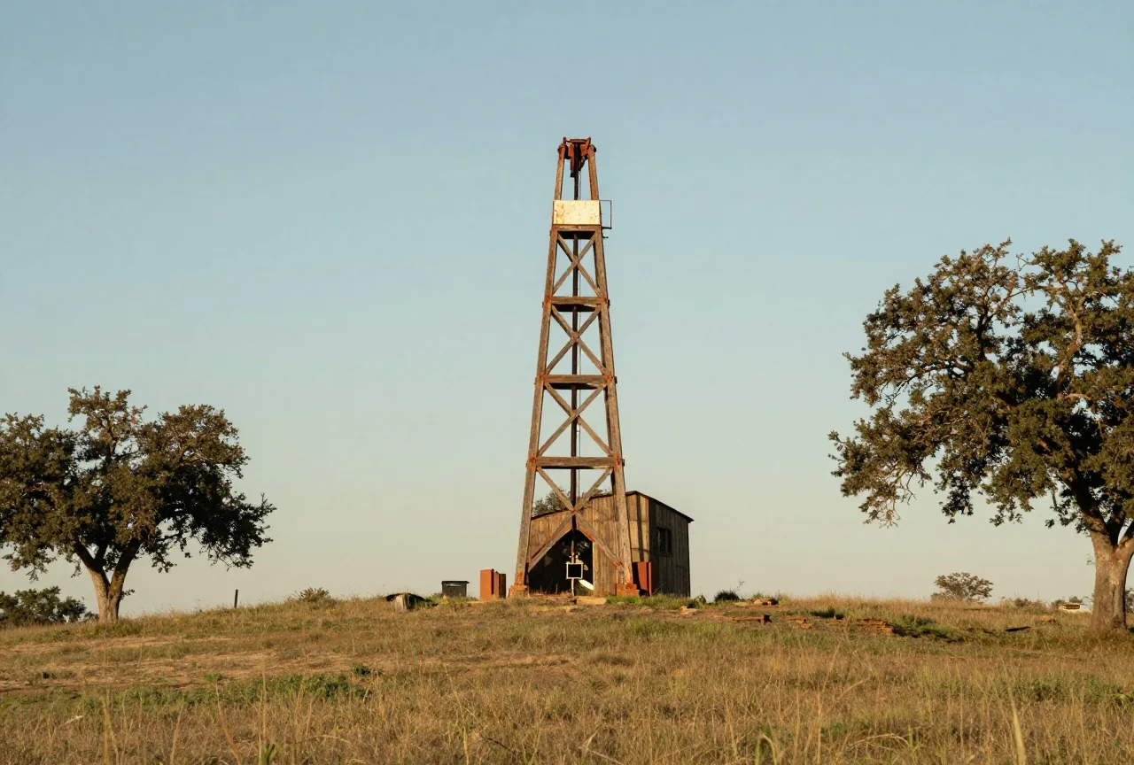 Alter hölzerner Bohrturm ohne Aufschrift auf einer grasbewachsenen Anhöhe der Prärie, daneben Eichen, unter klarem Himmel im späten Nachmittagslicht