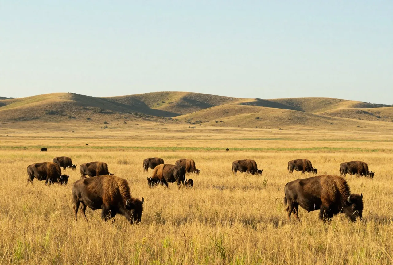 Bisonherde auf hohem, goldgelbem Präriegras unter weitem Himmel, im Hintergrund sanfte Hügel im Licht der späten Nachmittagssonne