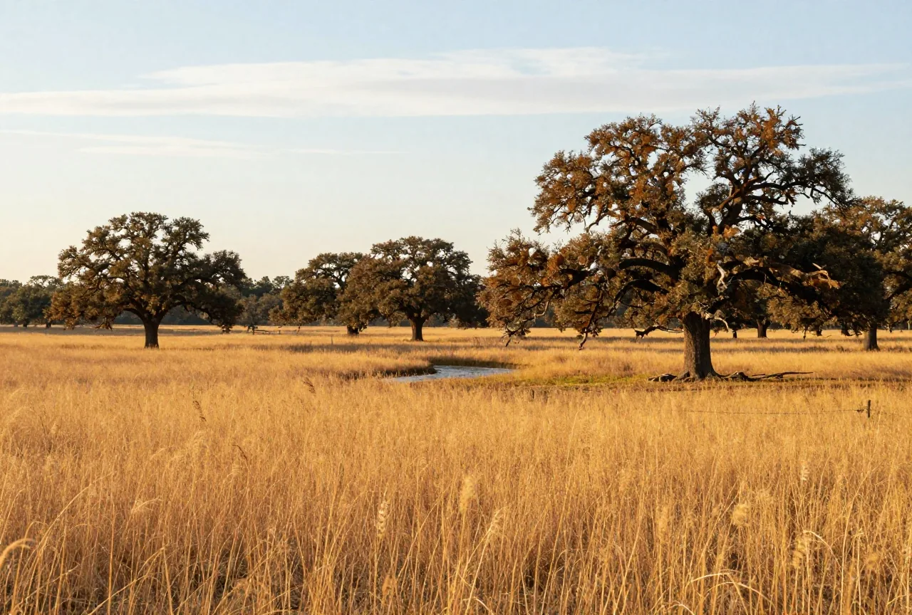 Sanft gewellte Prärie im Norden von Oklahoma mit hohem, goldenem Gras, Eichengruppen und einem kleinen Bach, darüber weiter Himmel mit hellen Wolken im späten Nachmittagslicht