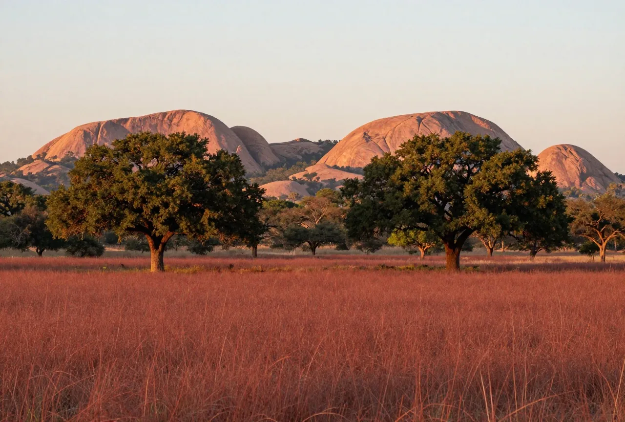 Rotes Grasland mit einzelnen Eichen im Südwesten von Oklahoma, dahinter die abgerundeten Granitkuppen niedriger Berge im Abendlicht