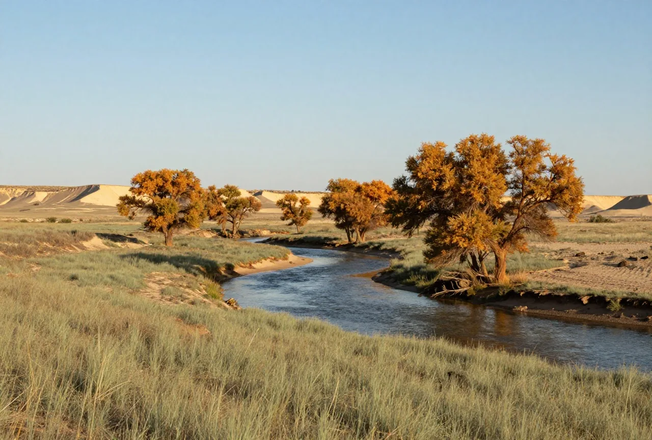 Sanft gewelltes Kurzgrasland mit einem gewundenen Flusslauf und Pappeln im warmen Licht der späten Nachmittagssonne