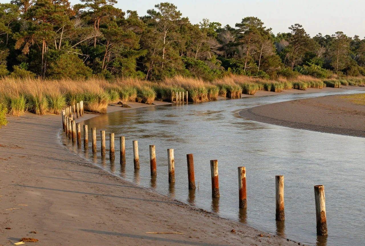 Ruhige Flussbiegung im Tidewater mit hohem Ufer, Schilfgürtel und Kiefern, im Wasser eine Reihe alter Holzpfähle, Abendlicht