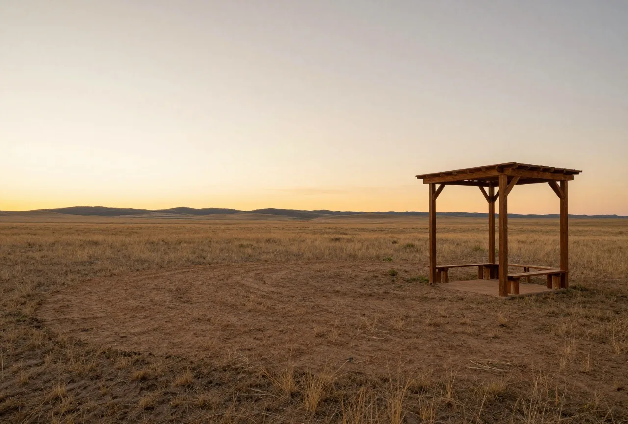 Leere, kreisrunde Rasenfläche in der Prärie, gesäumt von einer offenen Laube aus Holzpfosten und leeren Holzbänken, am Horizont flache Hügel im Abendlicht