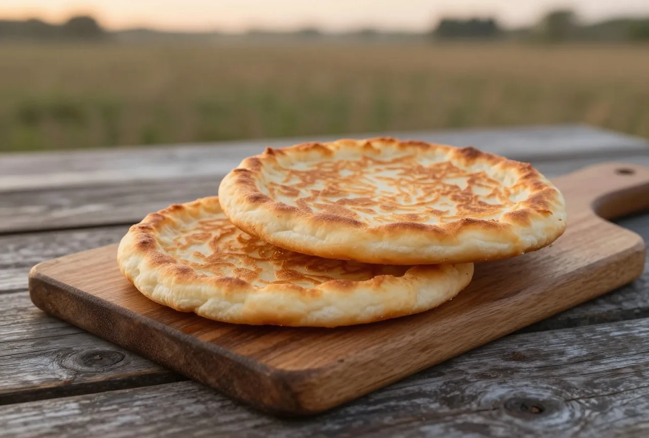 Goldbraun gebackenes Fladenbrot auf einem Holztisch im Freien, dahinter unscharf eine Grasebene unter weitem Abendhimmel