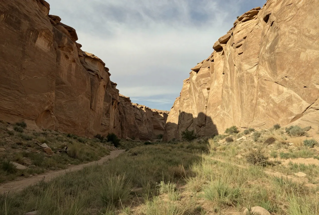 Breiter, trockener Canyon mit hohen hellbraunen Sandsteinwänden im Nordwesten New Mexicos, im Vordergrund Gras und niedrige Sträucher im späten Nachmittagslicht