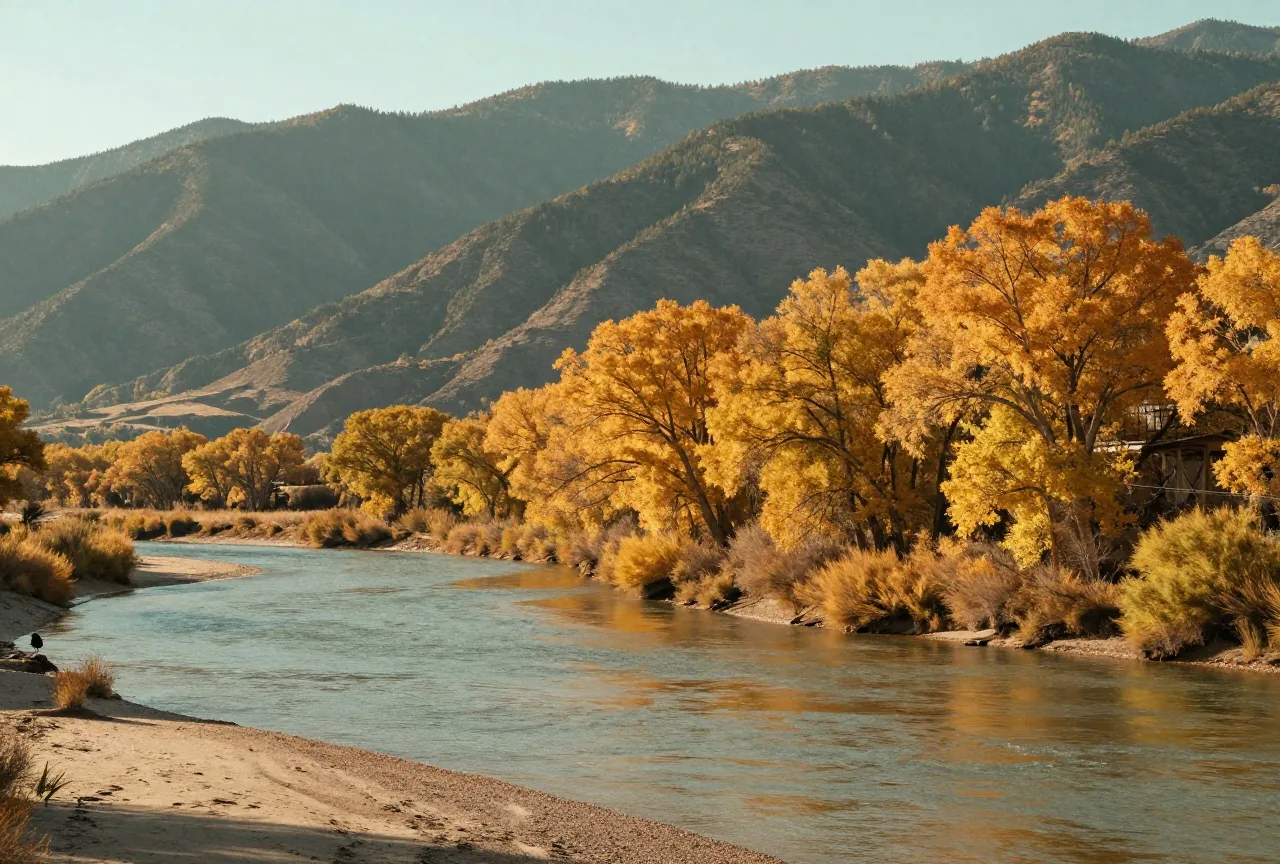 Breites Flusstal des Rio Grande im Norden New Mexicos mit goldgelben Pappeln im Herbst, dahinter bewaldete Berge unter klarem Himmel