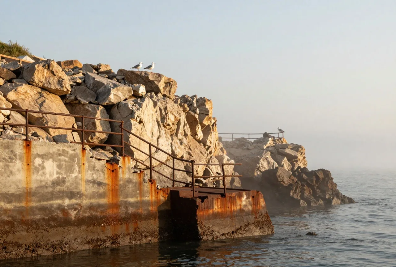 Felsiges Ufer einer Insel mit verwitterten Betonbauten und Möwen, vom Boot aus gesehen, Nebelschwaden über der Bucht